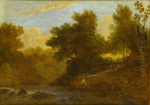 A Wooded River Landscape With An Angler In A Stream by James Arthur O'Connor