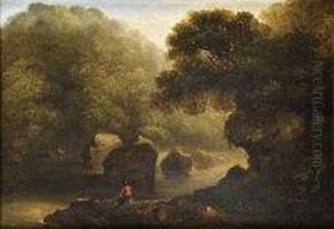 River Landscape With Figure Sitting On Rocks River Landscape With Figure Sitting On Rocks