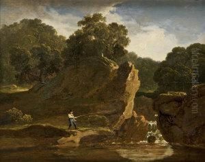 Waterfall, With Fisherman At Salmon Pool by James Arthur O'Connor