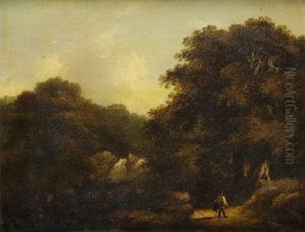 Figure On A Wooded Pathway, Waterfall In The Middle Ground - view 1