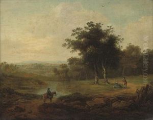 A Wooded River Landscape With Figures Conversing On A Path