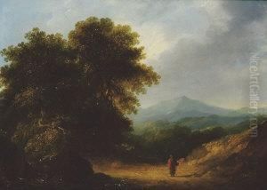 Wooded Mountain Landscape With Woman On A Roadway