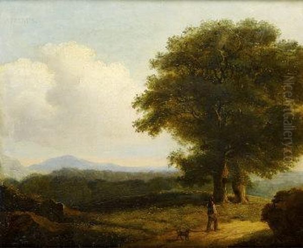 Figure With Dog On A Wooded Pathway - view 1
