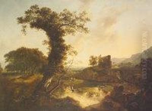 An Extensive Wooded Landscpae 
With A Milk Maid In The Foreground, A Ruin And The Coast Beyond by James Arthur O'Connor