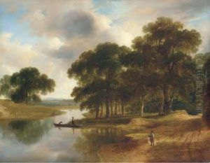 A Wooded River Landscape With A 
Figure On A Path In The Foregroundand Figures In Boats On The River 
Beyond