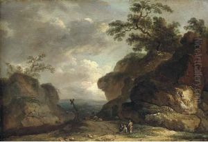 A Rocky Wooded Landscape With 
Figures By The Side Of A Track And Aherdsman And Livestock Beyond by James Arthur O'Connor