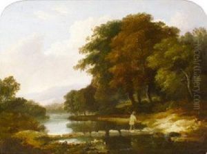 Wooded River Landscape With Figure Crossing The River