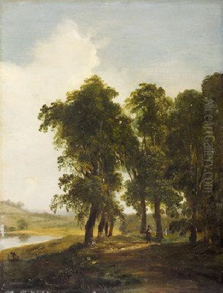 Figures By A Lake In A Wooded Landscape - view 1