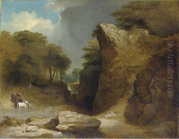 The Ford - A Mountainous River Landscape With A Figure With A Wagonand Horses At A Ford - view 1