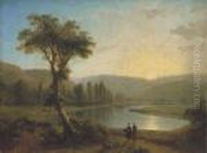A Mountainous River Landscape With Figures On A Path In Theforeground A Mountainous River Landscape With Figures On A Path In Theforeground