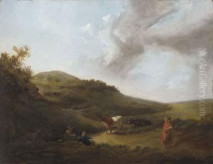 Figures And Cattle On A Hillside Track