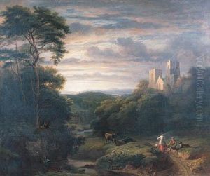 Figures Resting In A Wooded Valley With A Derelict Church On Ahilltop by James Arthur O'Connor