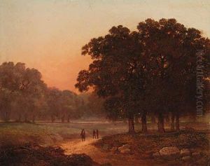 A Wooded Landscape With Figures On A Track