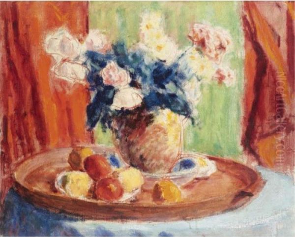 Still Life With Vase Of Flowers And Fruit On A Tray - view 1