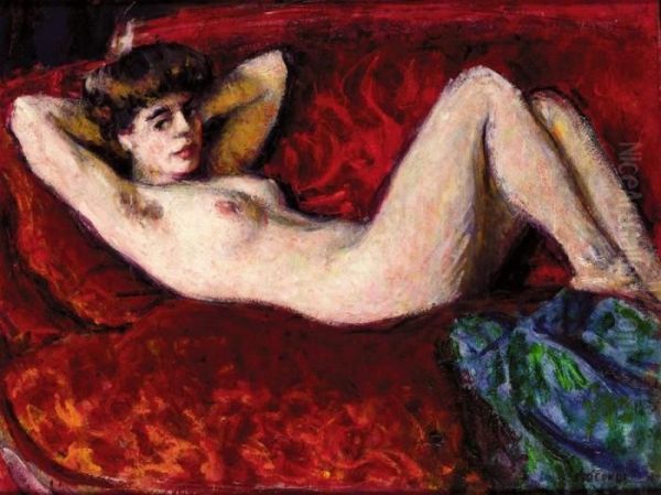 Jeune Fille Allongee Sur Le Divan Rouge - view 1