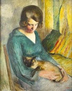 Femme Assise Avec Chat Sur Ses Genoux Femme Assise Avec Chat Sur Ses Genoux