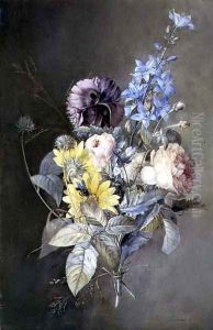 Bouquet of flowers with roses, peonies, delphiniums and daisies by Pierre-Joseph Redoute