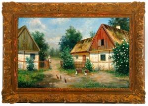 A Scanian Farm With Farmer's Wife And Chicken. Signed by Frans Wilhelm Odelmark
