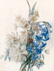 A Bunch of Flowers including Bluebells, Daffodils, and an Admiral Butterfly by Pierre-Joseph Redoute