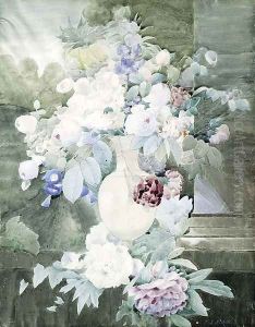 Roses, Peonies, Morning Glory and other Flowers in a Vase on a Ledge An unfinished Composition by Pierre-Joseph Redoute