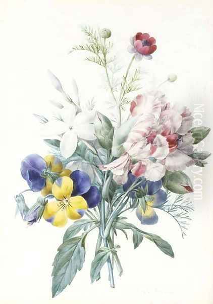 A bouquet with violas, carnations, jasmine and a poppy - view 1