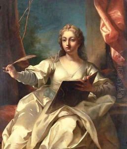 Portrait of a lady, seated three-quarter-length, in a white silk dress and blue sash