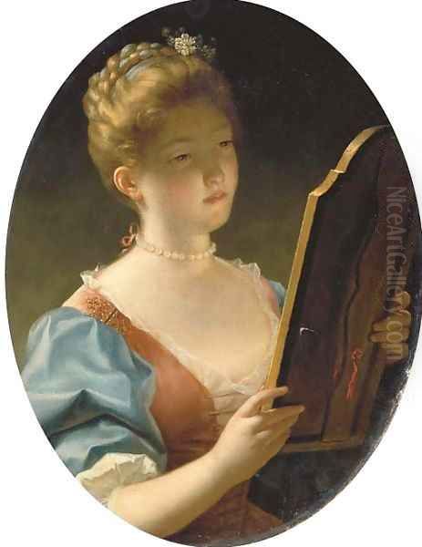 Portrait of a lady, bust-length, in a blue and brown silk dress with muslin trimmings and a pearl necklace looking into a dressing-table mirror - view 1