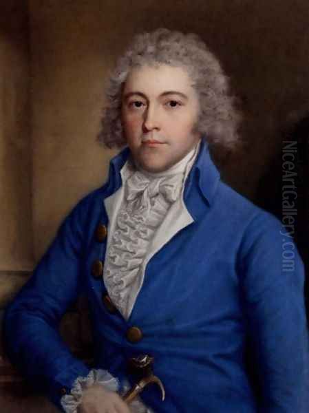 Portrait of a Gentleman, half-length, in a blue coat, holding a cane in his right hand - view 1
