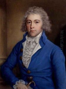 Portrait of a Gentleman, half-length, in a blue coat, holding a cane in his right hand by John Russell