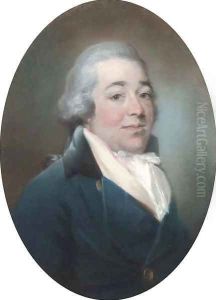Portrait of a gentleman, bust-length, in a blue jacket, white waistcoat and cravat by John Russell