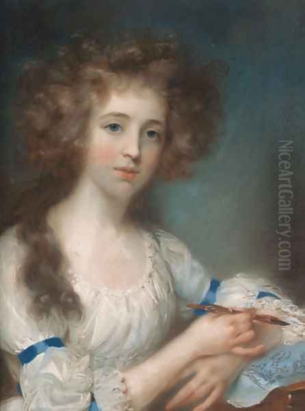 Portrait of a lady, half-length, in a white dress with blue ribbons, holding a brush in her right hand, her left arm resting on a sheet of paper - view 1