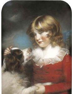 Portrait of a young boy, half-length, in a red coat and white collar, with a spaniel by John Russell