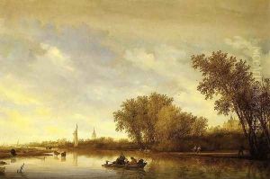 A River Landscape with Boats and Chateau by Salomon van Ruysdael