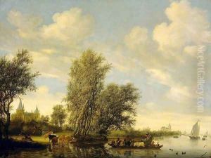 River Scene with Ferry by Salomon van Ruysdael