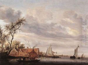 River Scene with Farmstead 1647 by Salomon van Ruysdael