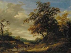A wooded landscape with herders resting and cattle and sheep grazing by Salomon van Ruysdael