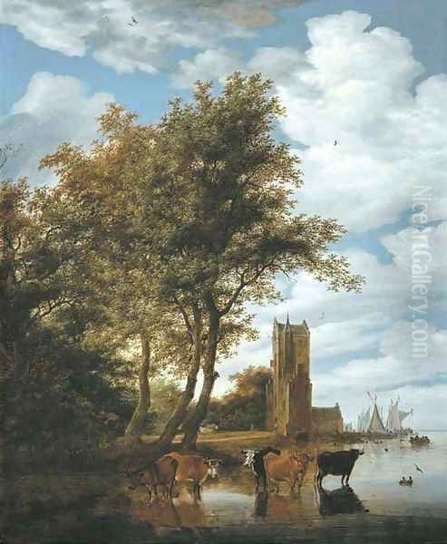 A river landscape with the Pellecussenpoort near Utrecht, five cattle wading in the foreground and boats moored at the tower beyond - view 1