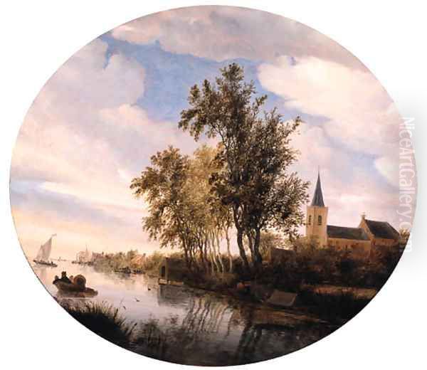 A village by a river with fishermen in rowing boats moored near the shore, ferries and sailing ships setting out beyond, at dawn, on a cloudy day - view 1