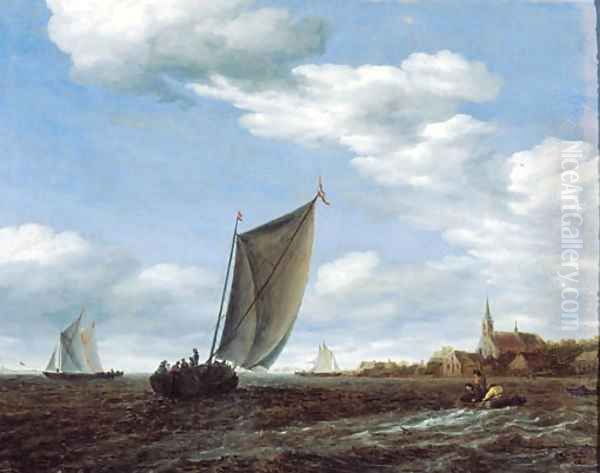 A river landscape with a wijdschip sailing before the wind and a rowing boat with other shipping, a village beyond - view 1