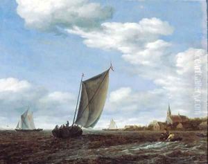 A river landscape with a wijdschip sailing before the wind and a rowing boat with other shipping, a village beyond