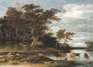 Herdsmen with cattle and sheep in a wooded river landscape by Salomon van Ruysdael