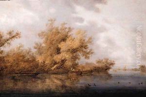 A calm A wooded river landscape with fishermen and sportsmen in rowing boats, sailing ships beyond by Salomon van Ruysdael