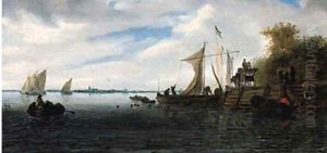 A river landscape with figures on a jetty and sailing boats beyond by Salomon van Ruysdael