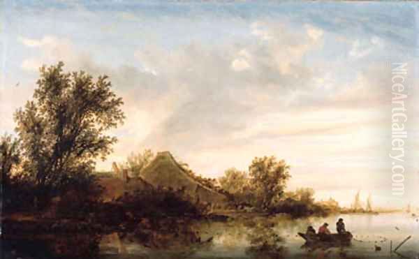 A river landscape with fishermen in rowing boats and peasants by a landing stage by a farmhouse, shipping beyond - view 1