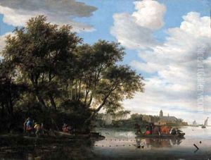 A view of the River Vecht, with a ferry and fishermen unloading their boat, Nijenrode castle beyond