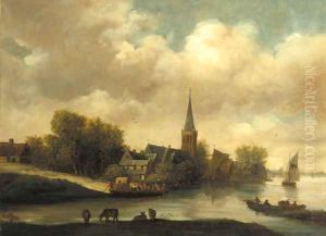 A village on a river with a ferry setting out by Salomon van Ruysdael