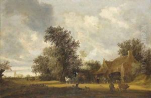 A wooded landscape with cattle, carriages on a track and an inn, a church beyond by Salomon van Ruysdael