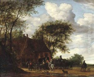 A wooded landscape with travellers by an inn by Salomon van Ruysdael
