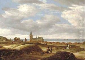 A view of Scheveningen from the dunes with travellers on a path, the sea beyond