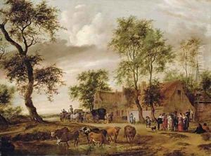 A village landscape with carriages outside an inn, peasants conversing on a path and cattle watering by Salomon van Ruysdael